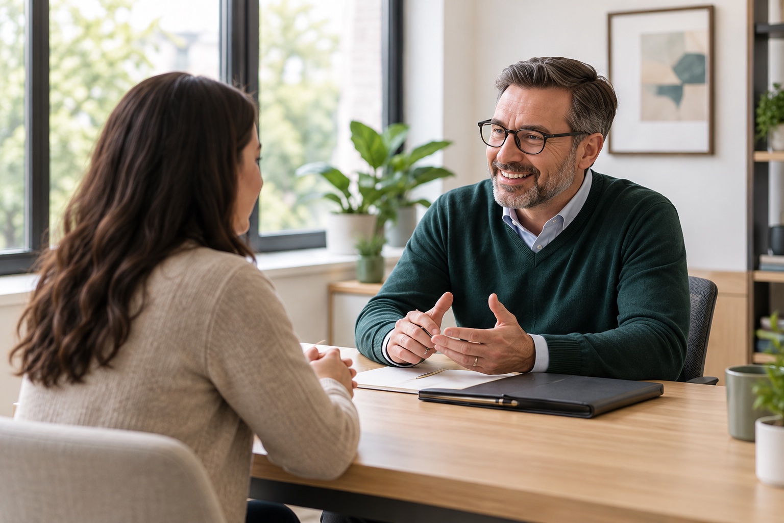 Illustration of an advisor and client discussing paperwork